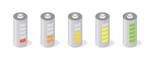 Battery Charging Stages Isometric Illustrations Set. Accumulator Recharging Process Steps 3D Vector Symbols Isolated On White Background. Different Battery Capacity Levels With Colorful Indicators
