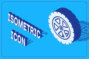 Isometric Car wheel icon isolated on blue background. Vector Illustration