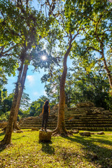 Poster - A young woman in the temples of Copan Ruinas. Honduras