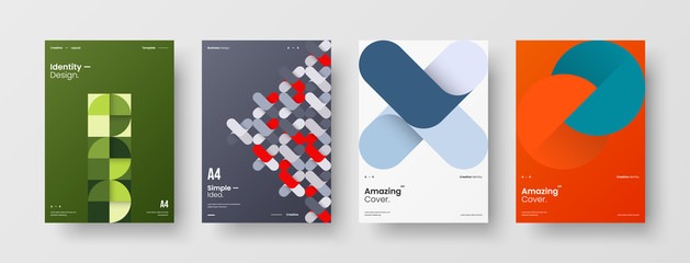 Business presentation vector A4 vertical orientation front page mock up set. Corporate report cover abstract geometric illustration design layout bundle. Company identity brochure template collection.