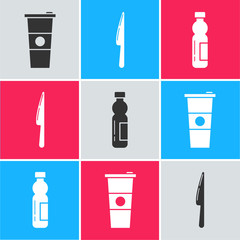 Wall Mural - Set Paper glass and water, Knife and Bottle of water icon. Vector