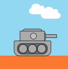 Grey tank on orange ground and blue sky