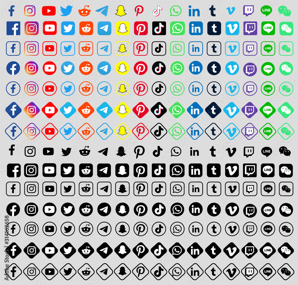 Facebook, twitter, instagram, youtube, reddit,telegram,snapchat, pinterest,  tiktok,whatsaap, linkedin logo 素材庫向量圖| Adobe Stock