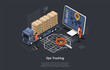 © Intpro - Isometric Online Cargo Delivery Tracking System With Gps Position Of the Truck. Workers are Monitoring The Location Of The Truck On The Map. Flat Style. Vector Illustration
