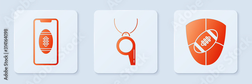 Fotomural Set Whistle, Smartphone with american football ball on the screen and American Football ball and shield