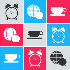 Wall Mural - Set Alarm clock, World map made from speech bubble and Coffee cup flat icon. Vector