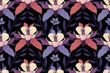 Art Floral Vector Seamless Pattern. Purple And Coral Color Flowers And Leaves Isolated On Black Background.