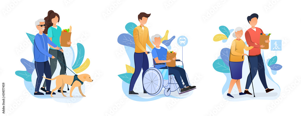 Three designs depicting old age care for retirees with carers helping an elderly person with dog, in a wheelchair and using a walking stick with their shopping, vector illustration - obrazy, fototapety, plakaty 