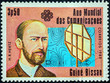 A stamp printed in Guinea-Bissau dedicated to the World Communications Year shows a German physicist Heinrich Hertz
