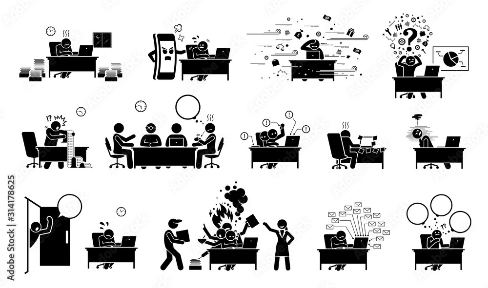 Busy executive, CEO, worker, or businessman at office stick figure pictogram icons. Vector illustrations of overworked, exhausted, tired, and overloaded man with too much work and distractions. - obrazy, fototapety, plakaty 