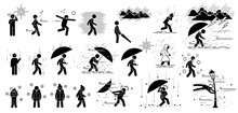 People React To Weather Conditions And Climate In Stick Figure Pictogram Icons. Weathers Are Hot Sunny Day, Breezy, Strong Wind, Foggy, Raining, Thunderstorm, Winter Cold, Hail, Storm, And Hurricane.