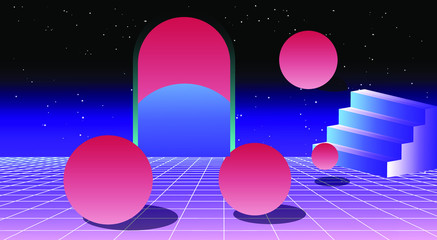 Wall Mural - retrowave/ vaporwave/ synthwave style illustration with staircase and arch on laser grid with floati