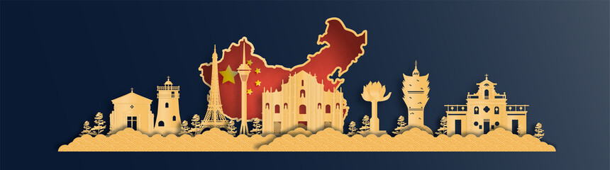 Fototapete - China map with Macau skyline, world famous landmarks in paper cut style vector illustration