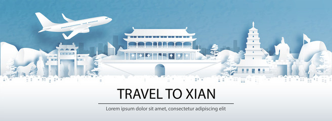 Fototapete - Travel advertising with travel to Xian, China concept with panorama view of city skyline and world famous landmarks in paper cut style vector illustration.