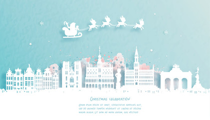 Fototapete - Christmas card with Brussels, Belgium famous landmark and Santa and reindeer. Christmas celebrations in paper cut style. Vector illustration.