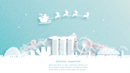 Fototapete - Christmas card with Singapore famous landmark and Santa and reindeer. Christmas celebrations in paper cut style. Vector illustration.