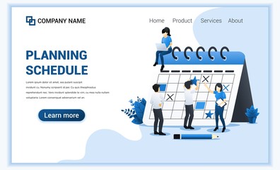 Wall Mural - Planning Schedule concept, A Man standing filling out the schedule on giant calendar, work planning, work in progress. Can use for web banner, landing page, infographics. Flat vector ilustration