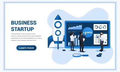 Business start up concept with people working on the screen getting ready for a launch startup for business. Can use for web banner, infographics, landing page, web template. Vector illustration