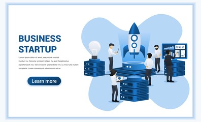 Wall Mural - Start up business concept. people are working on rocket getting ready for a launch new start up business. Can use for web banner, infographics, landing page, web template. Vector illustration
