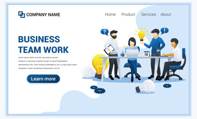 Wall Mural - Business concept design with people work on table having idea for solutions. Business leadership, cooperation, partnership, team metaphor, team work symbol. Flat vector illustration