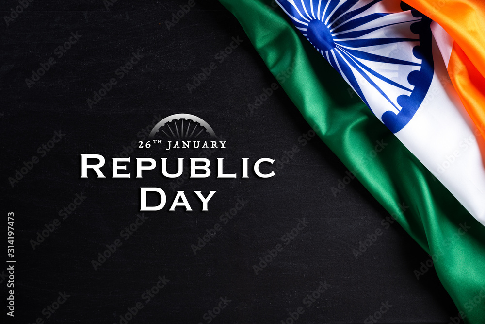 Indian republic day concept. Indian flag with the text Happy republic day against a blackboard background. 26 January. - obrazy, fototapety, plakaty 