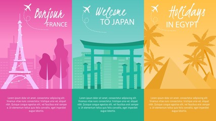 Wall Mural - Touristic Travel, Airline Flight to Famous Foreign Cities, Vacation Trip Trendy Flat Vector Vertical Advertising Banners, Promo Posters Templates Set. France, Japan and Egypt Attractions Illustration