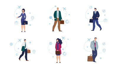 Traveling, Going on Work Trip, Flying on Plane Businesspeople Trendy Flat Vector Characters Set Isolated on White Background. Businesswomen, Businessmen, Company Employees with Briefcase Illustrations