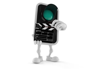 Canvas Print - Green traffic light character holding clapboard