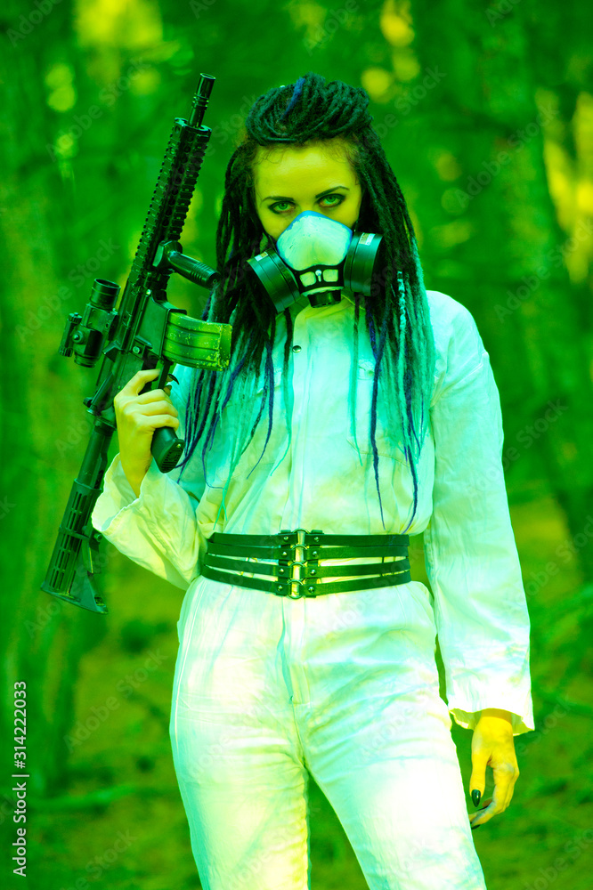 Biohazard Lady Neon. Biohazard. Woman in a hazmat suit wearing a respirator with ...