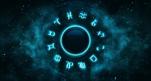Astrological System With Zodiac Symbols And Particles Around. Horoscope Background Digital Illustration.
