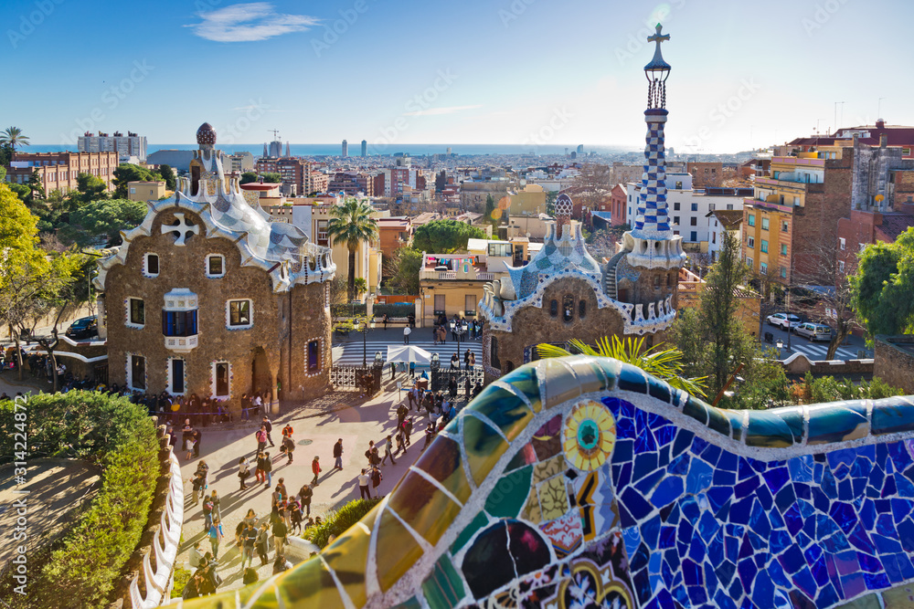 Guell park, Barcelona, Catalania, Spain. Protected by UNESCO - obrazy, fototapety, plakaty 