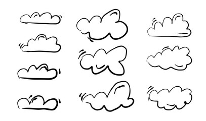 Set of clouds in hand drawn vintage retro style isolated on white background.vector illustration