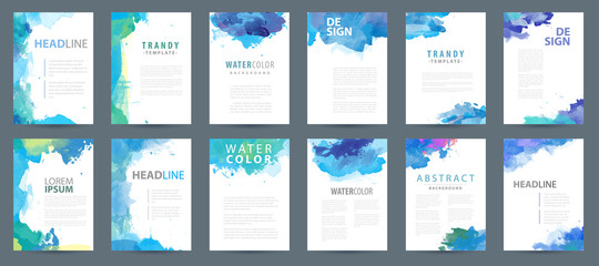 Wall Mural - Big set of bright vector blue watercolor background templates for poster, brochure or flyer