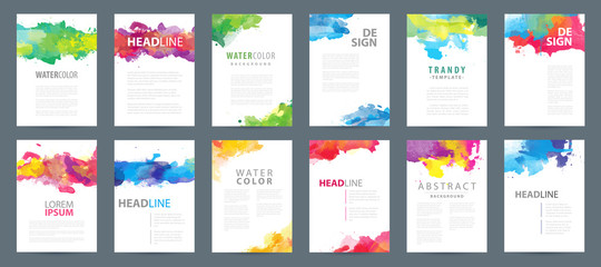 Wall Mural - big set of a4 bright vector colorful watercolor background templates for poster, brochure or flyer