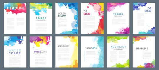 Wall Mural - Big set of A4 bright vector colorful watercolor background templates for poster, brochure or flyer
