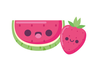 Wall Mural - kawaii watermelon and strawberry fruit cartoon vector design