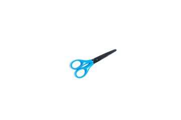 Wall Mural - School scissors with blue handles on white isolated background. Central composition. Flat lay, top view, copy space.