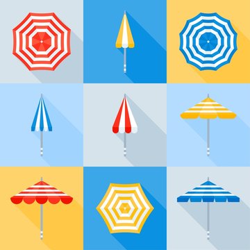 beach umbrella vector icon set, flat style