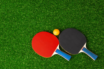 Wall Mural - Ping pong rackets and ball on grass