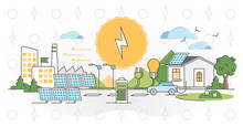 Solar Power Vector Illustration. Alternative Light Energy Outline Concept.