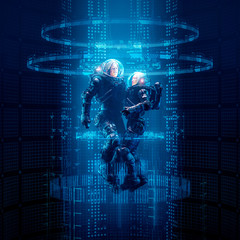 virtual data portal astronauts / 3d illustration of science fiction male and female astronaut travel