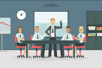 Sticker - Business Meeting and Teamwork, Office People Exchanging Ideas, Businessman Speaking Before His Colleagues Vector illustration