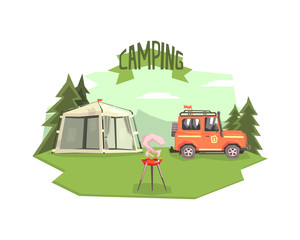 Canvas Print - Camping Banner Template, Car, Tent and Barbecue Grill Against Mountain Landscape Vector illustration