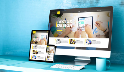 Wall Mural - responsive devices with ux design website home on blue studio