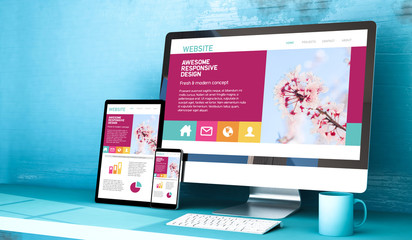Wall Mural - responsive devices with website home on blue studio