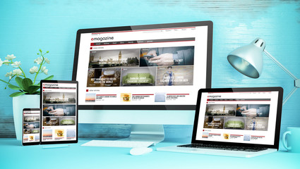 Wall Mural - blue responsive desktop with devices showing responsive magazine website