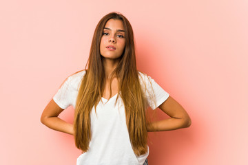 Young caucasian woman doing beauty poses isolated