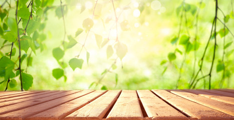 Poster - Beautiful spring background with green juicy young foliage  birch and empty wooden table in nature outdoor. Natural template with Beauty bokeh and sunlight.