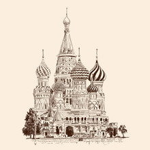 St. Basil's Cathedral On Red Square In Moscow. Russia. Pencil Sketch On A Beige Background.