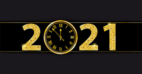 Wall Mural - Black Paper Banner Golden Clock 2021